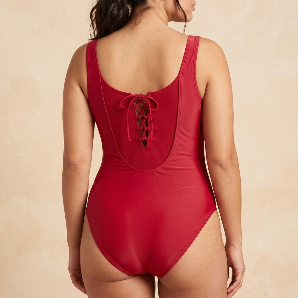 Hot Water Women's One Piece Swimsuit Lace Up Front Back Garnet Red Size M